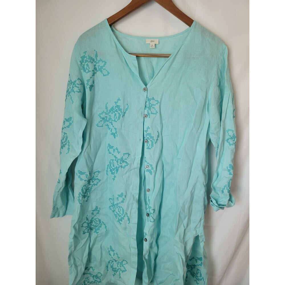 J.Jill Women's Aqua Linen Tunic Top‎ Blouse Size M Embroidered 3/4 Sleeve Button